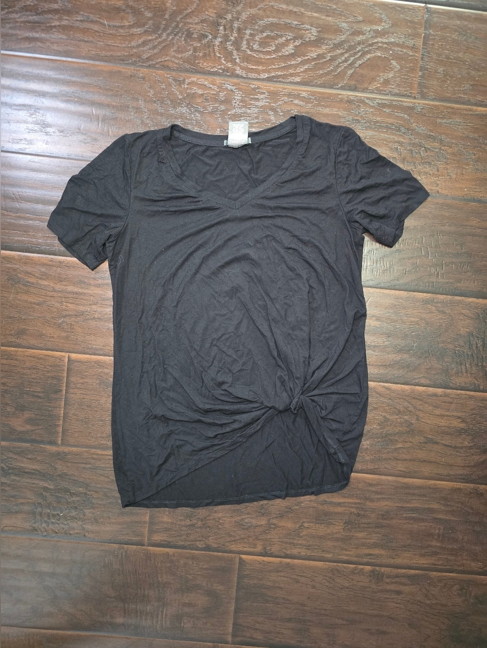 Matty M Womens Black Knot Front Stretchy Casual V Neck Top Small